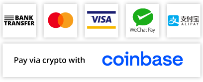 Payment logos for bank transfer, Visa, Mastercard, Coninbase, WeChat and AliPay